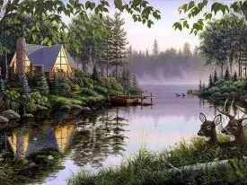 Lakeside Deer Oil Painting