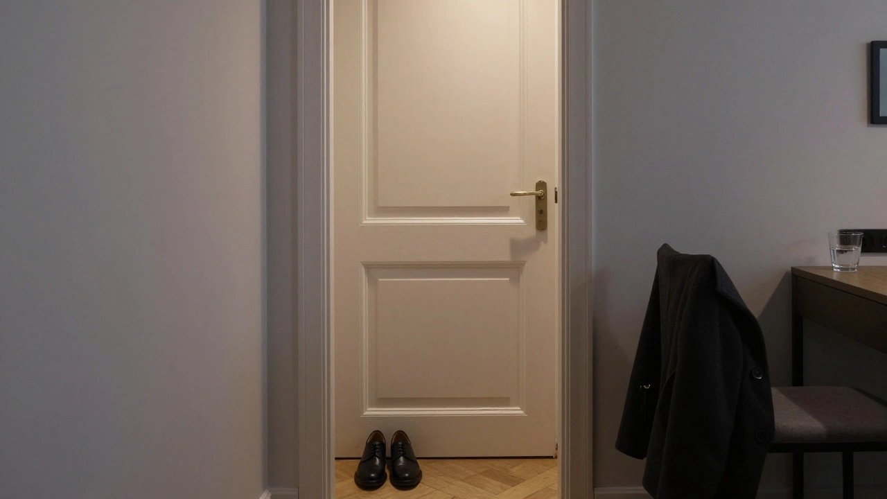 A modest hotel room door slightly open, revealing a calm, respectful setting in Le Marais.